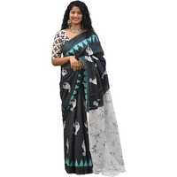 JALTHER Handicrafts Womens Ikat Hand Block Print Jaipuri Cotton Mulmul Saree with Blouse Piece - Green_306