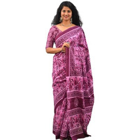 JALTHER Handicrafts Womens Ikat Hand Block Print Jaipuri Cotton Mulmul Saree with Blouse Piece - Purple_145