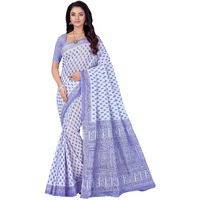 RANI SAAHIBA Womens Pure Cotton Printed Saree Without Blouse Piece (SKR5269_White-Purple)