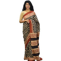 JALTHER Handicrafts Womens Ikat Hand Block Print Jaipuri Cotton Mulmul Saree with Blouse Piece - Black_411
