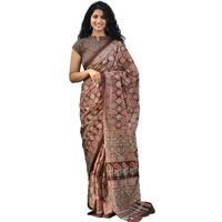 JALTHER Handicrafts Womens Ikat Hand Block Print Jaipuri Cotton Mulmul Saree with Blouse Piece - Maroon_425
