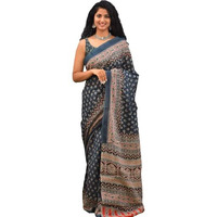 JALTHER Handicrafts Womens Ikat Hand Block Print Jaipuri Cotton Mulmul Saree with Blouse Piece - Blue_422