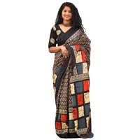 JALTHER Handicrafts Womens Ikat Hand Block Print Jaipuri Cotton Mulmul Saree with Blouse Piece - Black_421