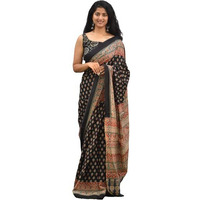 JALTHER Handicrafts Womens Ikat Hand Block Print Jaipuri Cotton Mulmul Saree with Blouse Piece - Black_426