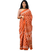 JALTHER Handicrafts Womens Ikat Hand Block Print Jaipuri Cotton Mulmul Saree with Blouse Piece - Mustard_417