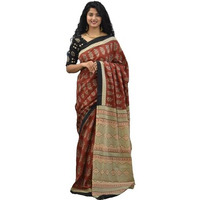 JALTHER Handicrafts Womens Ikat Hand Block Print Jaipuri Cotton Mulmul Saree with Blouse Piece - Maroon_415
