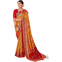 AKHILAM Womens Soft Patola Silk Ikat Print Golden Zari Border Saree With Unstitched Blouse Piece (Mustard_SMNGLM1009_SS)
