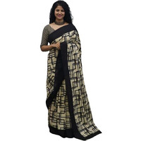 JALTHER Handicrafts Womens Ikat Hand Block Print Jaipuri Cotton Mulmul Saree with Blouse Piece - Black_261
