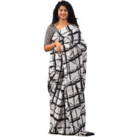JALTHER Handicrafts Womens Ikat Hand Block Print Jaipuri Cotton Mulmul Saree with Blouse Piece - White_275
