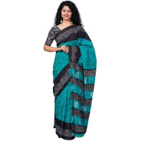 JALTHER Handicrafts Womens Ikat Hand Block Print Jaipuri Cotton Mulmul Saree with Blouse Piece - Turquise_28
