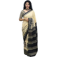 JALTHER Handicrafts Womens Ikat Hand Block Print Jaipuri Cotton Mulmul Saree with Blouse Piece - Cream_258