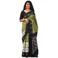 JALTHER Handicrafts Womens Ikat Hand Block Print Jaipuri Cotton Mulmul Saree with Blouse Piece - Green_233