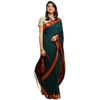 manvish drapes Gadwal Silk Cotton saree For Women | Buttas and Peacock Border Sari | South Indian Kerala Wear With Unstitched Blouse Piece - BOTTLE GREEN-MAROON