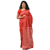 JALTHER Handicrafts Womens Ikat Hand Block Print Jaipuri Cotton Mulmul Saree with Blouse Piece - Red_71
