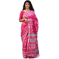 JALTHER Handicrafts Womens Ikat Hand Block Print Jaipuri Cotton Mulmul Saree with Blouse Piece - Pink_339