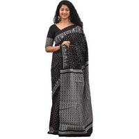 JALTHER Handicrafts Womens Ikat Hand Block Print Jaipuri Cotton Mulmul Saree with Blouse Piece - Black_72