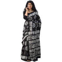 JALTHER Handicrafts Womens Ikat Hand Block Print Jaipuri Cotton Mulmul Saree with Blouse Piece - Black_009