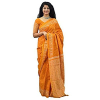 JALTHER Handicrafts Womens Ikat Hand Block Print Jaipuri Cotton Mulmul Saree with Blouse Piece Yellow