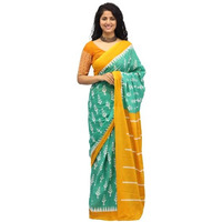 JALTHER Handicrafts Womens Ikat Hand Block Print Jaipuri Cotton Mulmul Saree with Blouse Piece - Green_337