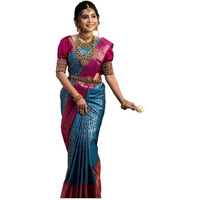 Sidhidata Womens Kanjivaram Banarasi Paithani Jacquard Silk Saree With Unstitched Blouse Piece (Sky Blue)