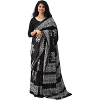 JALTHER Handicrafts Womens Ikat Hand Block Print Jaipuri Cotton Mulmul Saree with Blouse Piece - Black_007