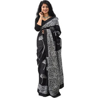 JALTHER Handicrafts Womens Ikat Hand Block Print Jaipuri Cotton Mulmul Saree with Blouse Piece - Black_004