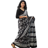 JALTHER Handicrafts Womens Ikat Hand Block Print Jaipuri Cotton Mulmul Saree with Blouse Piece - Black_002