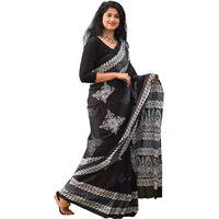 JALTHER Handicrafts Womens Ikat Hand Block Print Jaipuri Cotton Mulmul Saree with Blouse Piece - Black_003