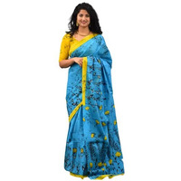 JALTHER Handicrafts Womens Ikat Hand Block Print Jaipuri Cotton Mulmul Saree with Blouse Piece - Turquiose_178