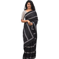 JALTHER Handicrafts Womens Ikat Hand Block Print Jaipuri Cotton Mulmul Saree with Blouse Piece - Black_014
