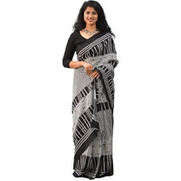 JALTHER Handicrafts Womens Ikat Hand Block Print Jaipuri Cotton Mulmul Saree with Blouse Piece - Black_008