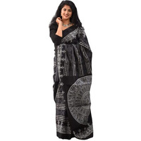 JALTHER Handicrafts Womens Ikat Hand Block Print Jaipuri Cotton Mulmul Saree with Blouse Piece - Black_005