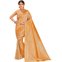 Vardha Womens Kanchipuram Raw Silk Saree with Unstitched Blouse Piece - Zari Woven Work Sarees for Wedding (Kumkum Silk, 350, Yellow)