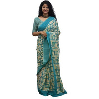 JALTHER Handicrafts Womens Ikat Hand Block Print Jaipuri Cotton Mulmul Saree with Blouse Piece - Turquiose_260