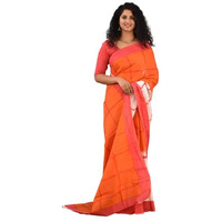 JALTHER Handicrafts Womens Ikat Hand Block Print Jaipuri Cotton Mulmul Saree with Blouse Piece - Orange_276