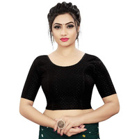 Sidhidata Womens Cotton Solid Short Sleeve Readymade Blouse (PS Dobby_Black_Free Size-38-42)