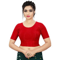Sidhidata Round Neck Dobby Cotton Lycra Stretchable Elbow Sleeve Readymade Saree Blouse for Women Stylish (Free Size) (D Red, Free Size-38-42)