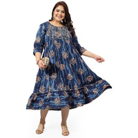 MIRCHI FASHION Womens A-Line Cotton Sequins Embroidery Work Foil Printed Plus Size Kurti Only (MPK9265-Blue Golden-3XL)