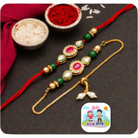 CraftVatika Rakhi Magnet Gift for Brother and Bhabhi Lumba Floral Rakhi Kundan Bracelet Rakhi for Bhaiya Bhabhi Raksha bandhan Couple Pearl Rakhi Set of 2 Rakhi with Fridge Magnet Gift