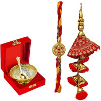 Collectible India Stone Studded Beaded Rakhi & Gift Set for Brother Bhabhi [Gift Combo - Rakhi with Brass Bowl with Velvet Box, Pair Rakhi, & Greeting Card