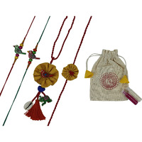 Prapti Handicrafts embroidery flower Rakhi reuasble combo with gift potli bag And roli chawal (Pack of 4)