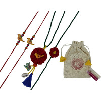Prapti Handicrafts embroidery Couple Rakhi Set For Brother Bhabhi And Kids reuasble combo with gift potli bag And roli chawal (Pack of 4)