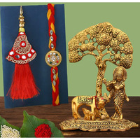 CraftVatika Rakhi Gift Combo Set for Brother and Bhabhi, Rakshabandhan Lumba Kundan Rakhis for Bhaiya Bhabhi with Krishna Showpiece, Janmashtami Gift Rakhi for Brother, Bro, Bhaiya, Bhai (KBS144-RAKHI249)