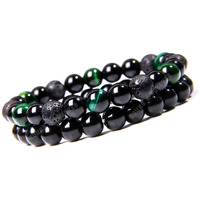 Young & Forever Gift Rakhi Gift for Brother Mothers Day Gifts Reiki Infused Handmade Chakra Bracelets Semi Precious Gemstone Green Tiger Eye Onyx Lava Healing Crystal for Freedom 8mm Round Beads Stretch Bracelet 7 Unisex Pack of 2