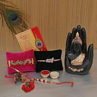 Collectible India Combo Rakhi Gift for Brother and Bhabhi Kids with Gift Set, Palm Buddha Showpiece Rakshabandhan Gifts for Bhai Sister - Fancy Rakhi with Gift Hamper (Palm Buddha)