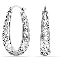 LeCalla 925 Sterling Silver BIS Hallmarked Antique Oval Filigree Click-Top Hoop Earrings for Women and Girls | Rakhi Gift for Sister