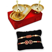 Collectible India Rakhi & Gift Set for Brother [Gift Combo - Rakhi with 2 Brass Bowl with Velvet Box,& Greeting Card