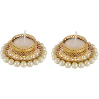 Accessher Traditional Diya Holders/Candle Holders/Tea Light Holders with Pearls Embedded Filigree Thali for Diwali Decoration/Festive Home Decoration Pack of 2