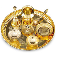 BENGALEN Brass Puja Thali Set 8 Inch Pooja Thali with Pital Plate Kalash Kangura Plate Palli Diya Ghanti Dhup Dan Chandan Wati Arti Thali for Diwali Home Office Mandir Wedding Return Gift Items