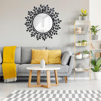 Furnish Craft Designer Gold Leaf Framed Round Mirror for Wall, Mirror for Bathroom, Wall Decor, Designer Mirror, Wall Mirrors (29x29 Inch, Shiny Black, Framed)
